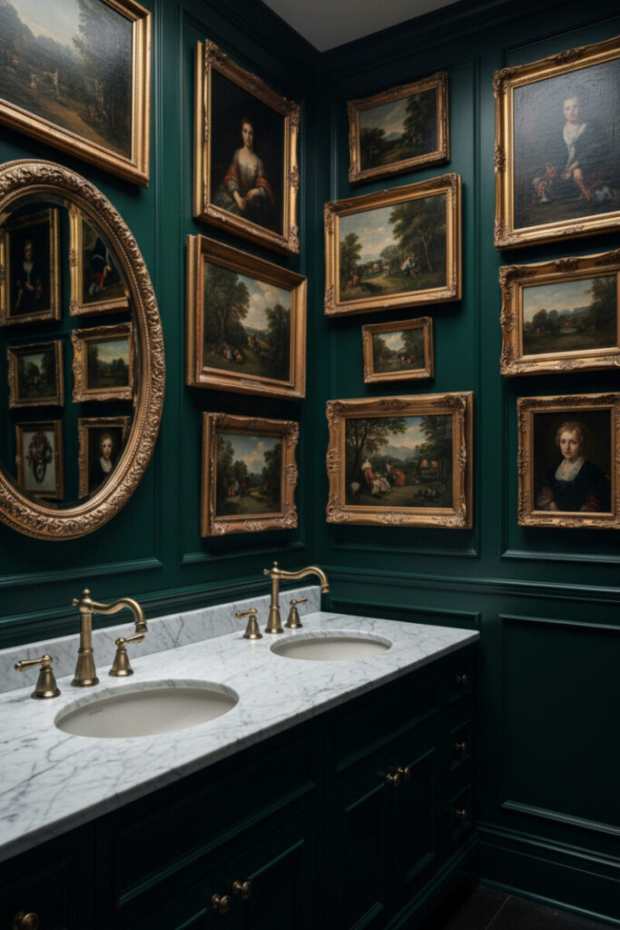 Near-black powder room with marble counter, brass bridge faucet, vessel sink, and dense salon wall of oil paintings; opulent antique bathroom fixtures setting.