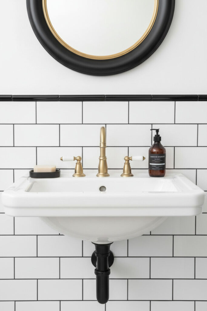 White console sink on black pedestal, gold faucet, and thick black-grout subway tiles with round black-trim mirror; bold Vintage Bathroom Designs.