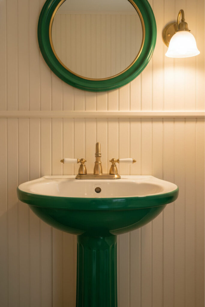 Emerald pedestal sink with brass taps, beadboard wainscoting, and circular enamel-trim mirror; jewel-box vintage bathroom decor.