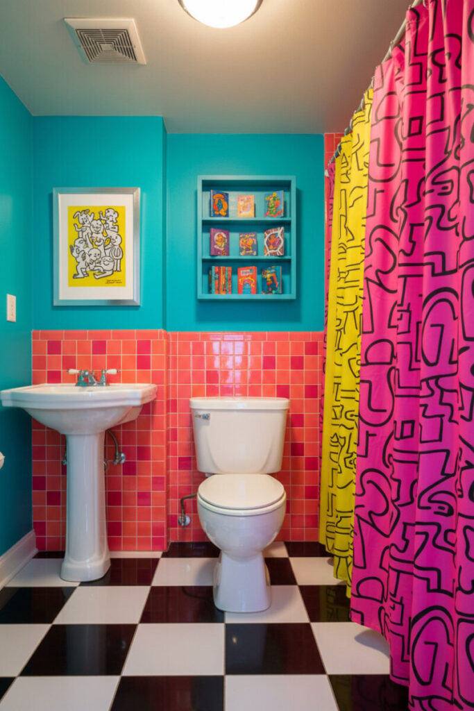 Turquoise walls, checkerboard floor, hot-pink mosaic accent, and graphic shower curtains around white fixtures; playful how to style a vintage bathroom on a budget inspiration.
