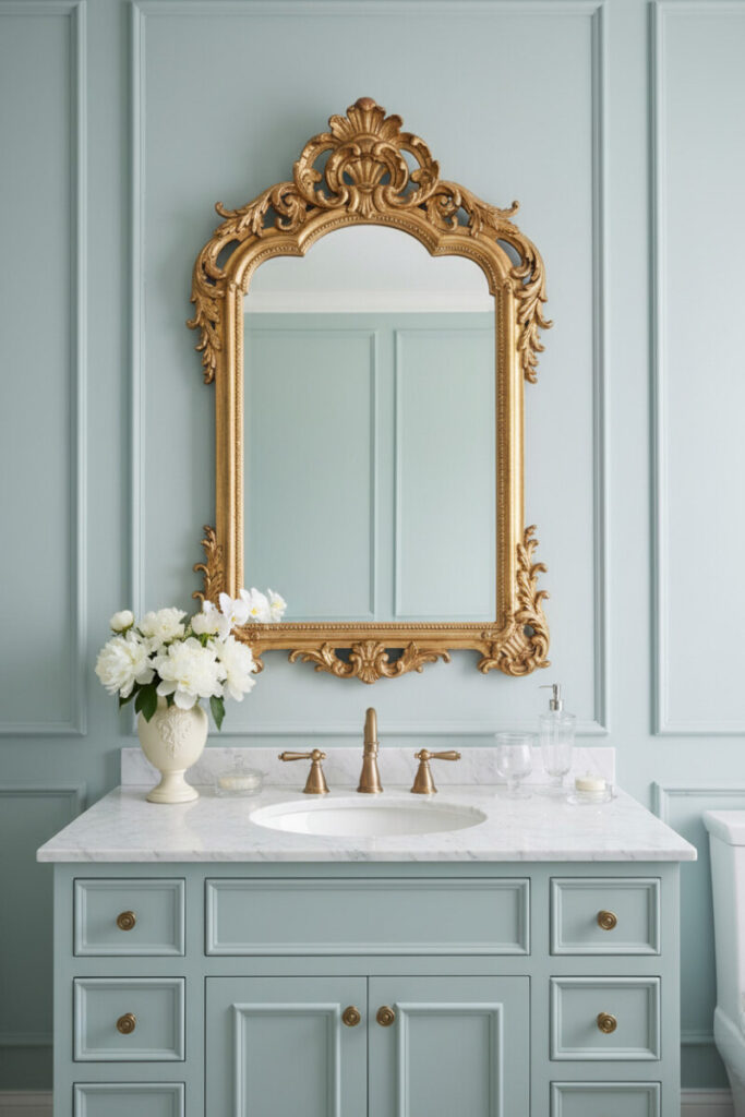 Gilded rococo mirror over robin’s-egg vanity with Carrara top and brass hardware; refined, French-inflected vintage bathroom decor.