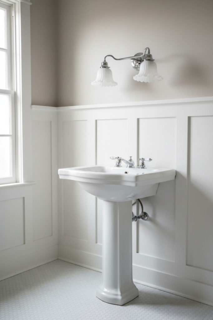 Fluted pedestal sink under ruffled milk-glass double sconce, polished nickel taps, board-and-batten walls, and penny-tile floor; timeless antique bathroom fixtures.
