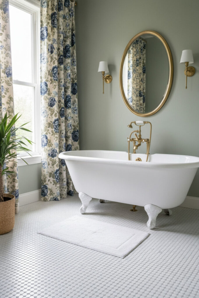 White clawfoot tub with brass telephone faucet on glossy white penny tile, sage walls, patterned linen drapes, and wicker basket; calm Vintage Bathroom Designs.
