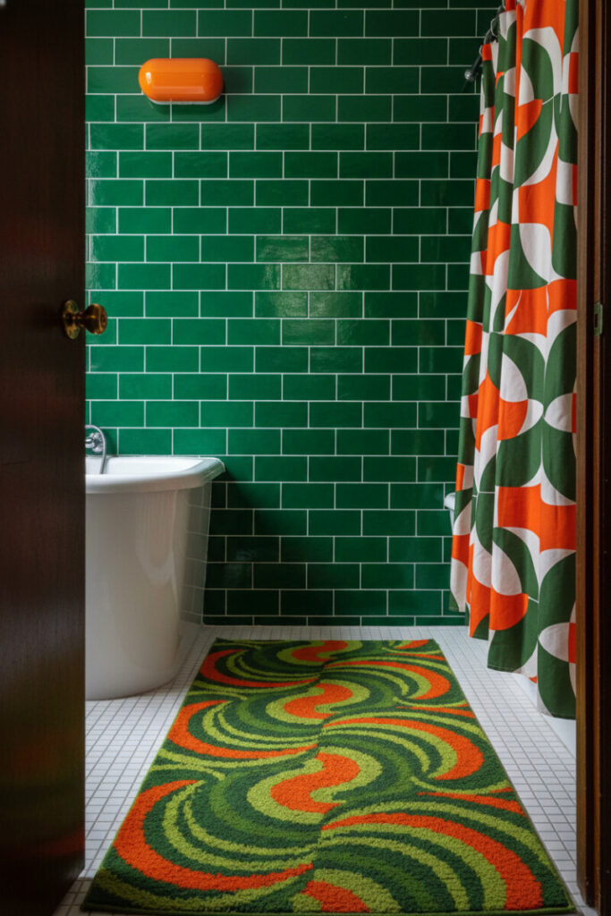 Emerald subway tile with white grout, orange wall sconce, psychedelic green-and-orange rug, and bold curtain; ’70s-leaning vintage bathroom decor.