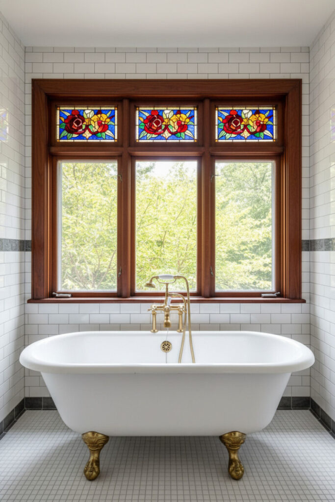 White clawfoot tub beneath mahogany triple window with jewel-tone stained glass, white subway walls, and mosaic floor; luminous Vintage Bathroom Designs.