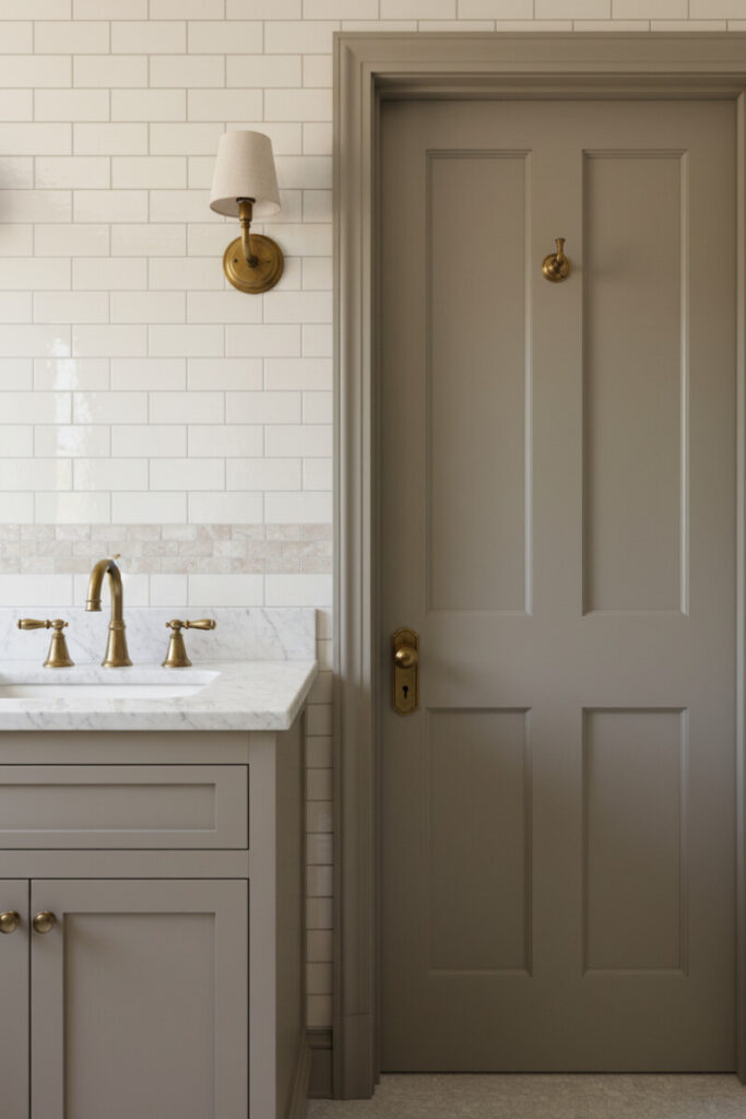 Greige vanity and Calacatta top against iridescent subway tile, highlighted by a brass bridge faucet and linen sconce; refined antique bathroom fixtures.