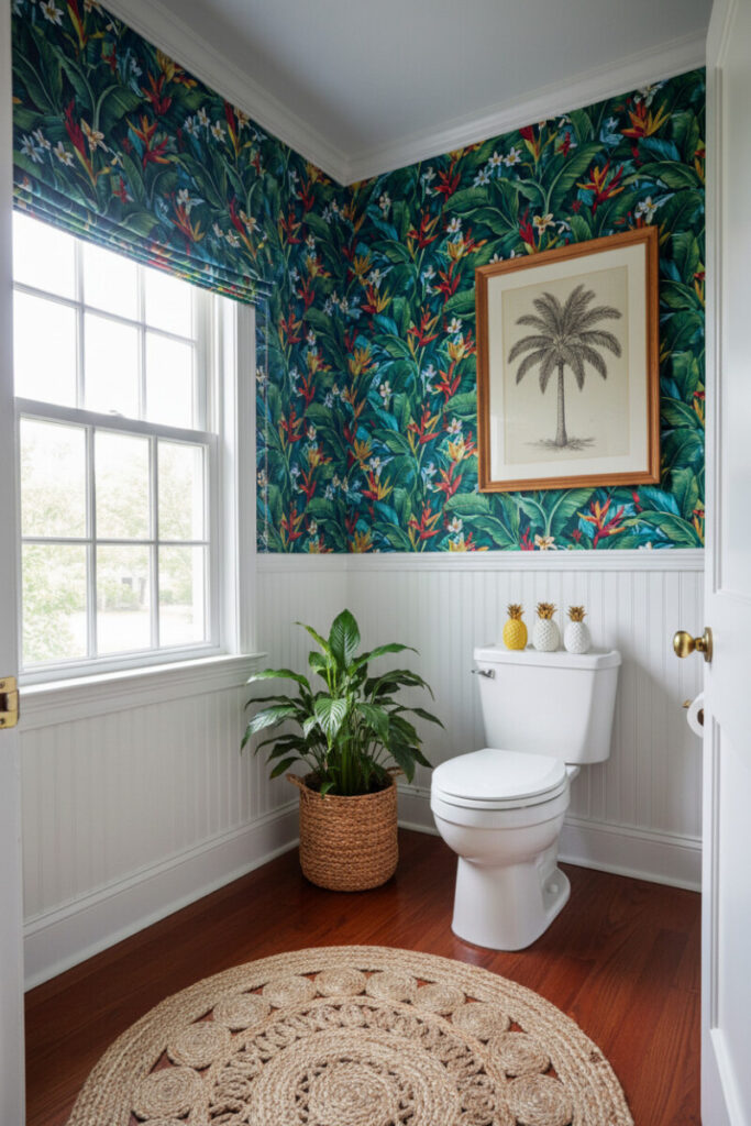 Banana-leaf wallpaper over white beadboard with window shade, brass accents, and peace lily; cheerful note on best paint colors for vintage bathrooms pairings.