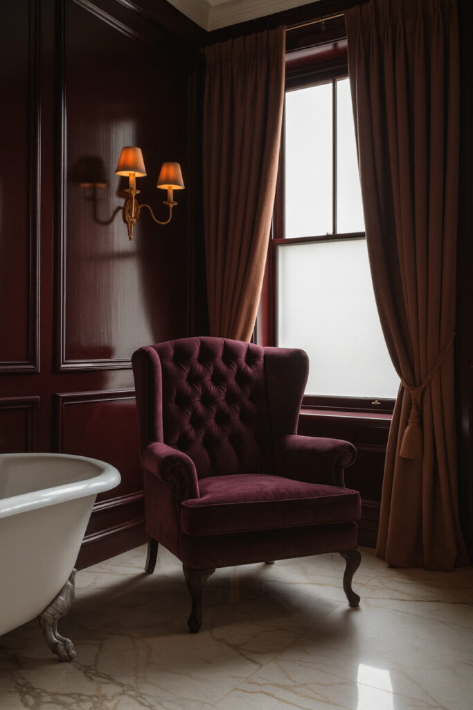 Aubergine velvet wingback beside white clawfoot tub, burgundy lacquered paneling, shaded brass sconces, and marble floor; decadent vintage bathroom decor.