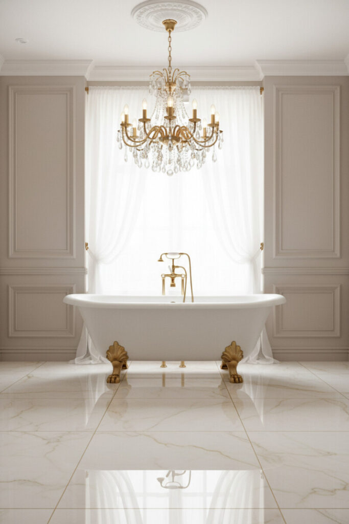 Freestanding porcelain tub on gold lion feet under multi-tier crystal chandelier and sheer curtains; grand antique bathroom fixtures statement.