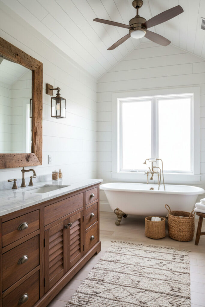 White shiplap with chestnut vanity, reclaimed-wood mirror, lantern sconce, and clawfoot tub on aged brass feet; warm, practical how to style a vintage bathroom on a budget example.