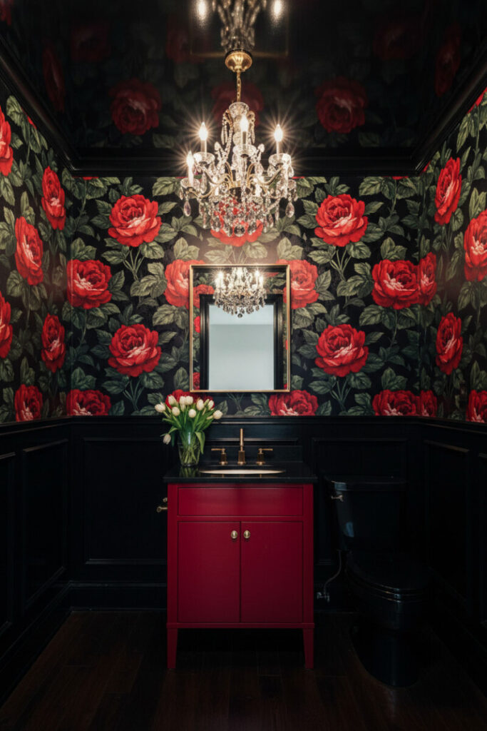 Bold crimson-rose wallpaper with black lacquer wainscoting, candy-apple red vanity, brass faucet, crystal chandelier, and white tulips; dramatic vintage bathroom decor.