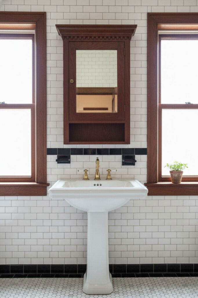1920s-style pedestal sink under dark-mahogany medicine cabinet, white subway tile with black grout, and patterned mosaic floor; quintessential Vintage Bathroom Designs and best paint colors for vintage bathrooms companion.