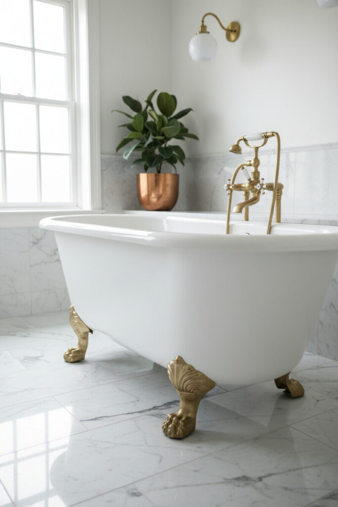 White slipper clawfoot tub on veined marble with exposed brass bridge faucet and copper potted plant; airy, classic vintage bathroom decor.