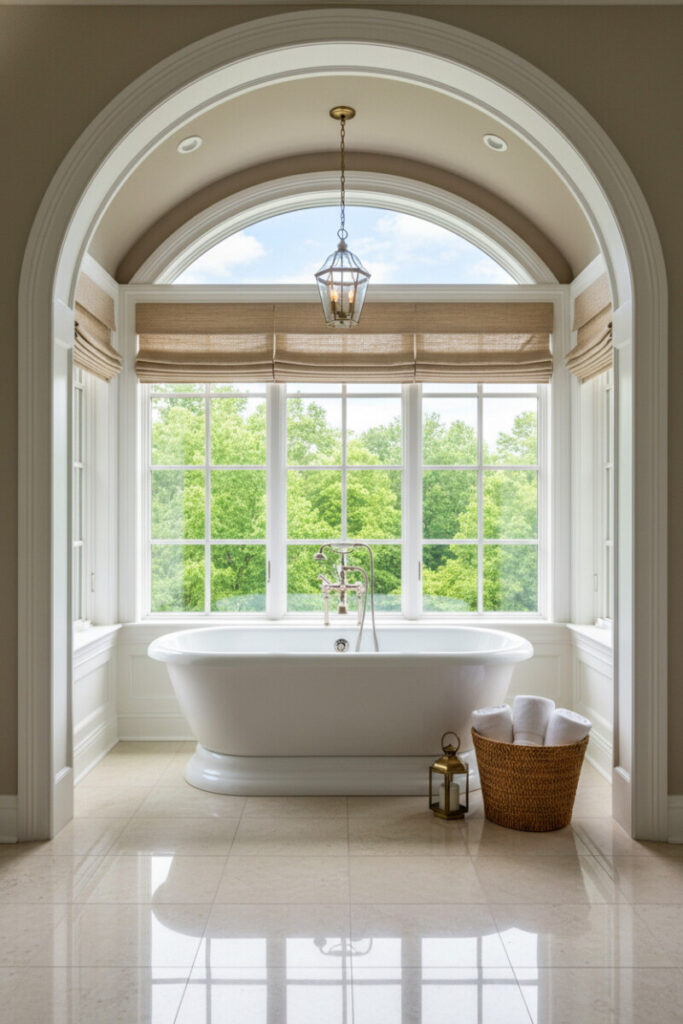 Freestanding tub set in a deep arched niche with woven Roman shades, polished nickel filler, and lantern pendant—serene Vintage Bathroom Designs scene.