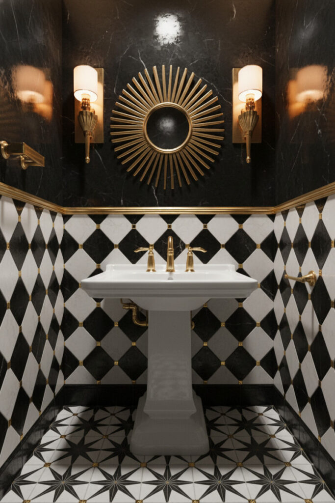 Black-and-white powder room with harlequin tile, gold rail, pedestal sink, and sunburst mirror; glossy, dramatic antique bathroom fixtures moment.