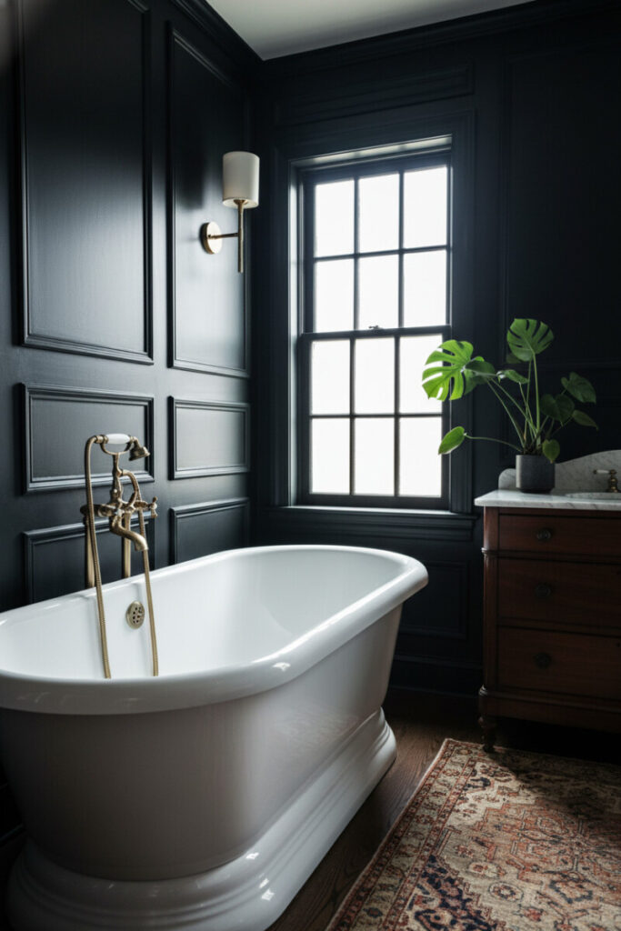 Matte-black paneled walls, white slipper tub, brass fixtures, and Persian rug beside tall window; moody vintage bathroom decor.