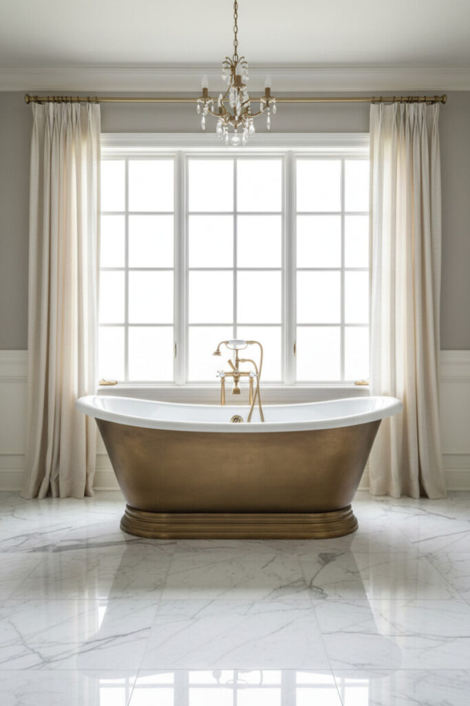 Satin brass freestanding tub on Calacatta marble under crystal chandelier and linen drapes; luxe Vintage Bathroom Designs centerpiece.