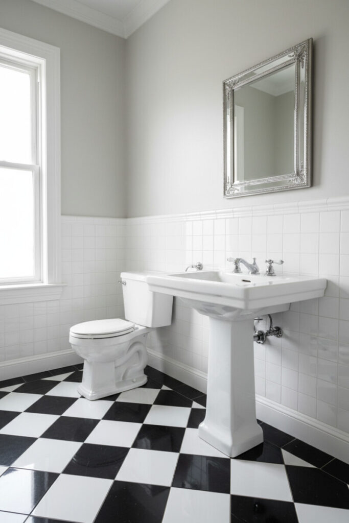 Diagonal black-and-white checkerboard floor with pedestal sink, chrome taps, and ornate mirror; bright, hotel-style vintage bathroom decor.