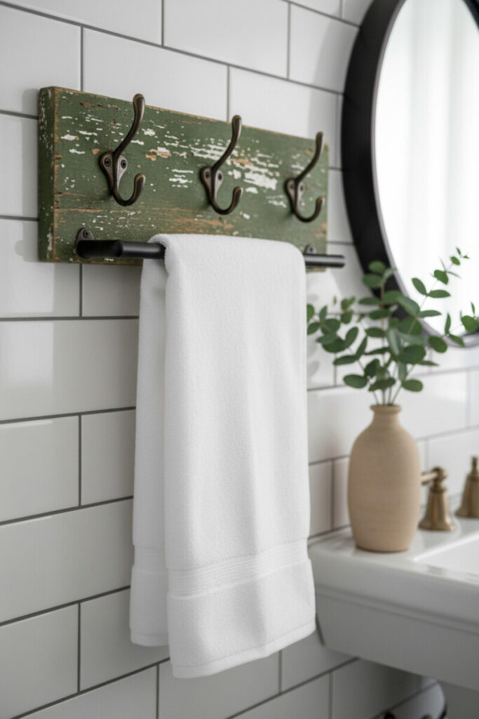 Upcycled moss-green wood rack with bronze hooks and black towel bar on white subway tile; tactile lesson in how to style a vintage bathroom on a budget.
