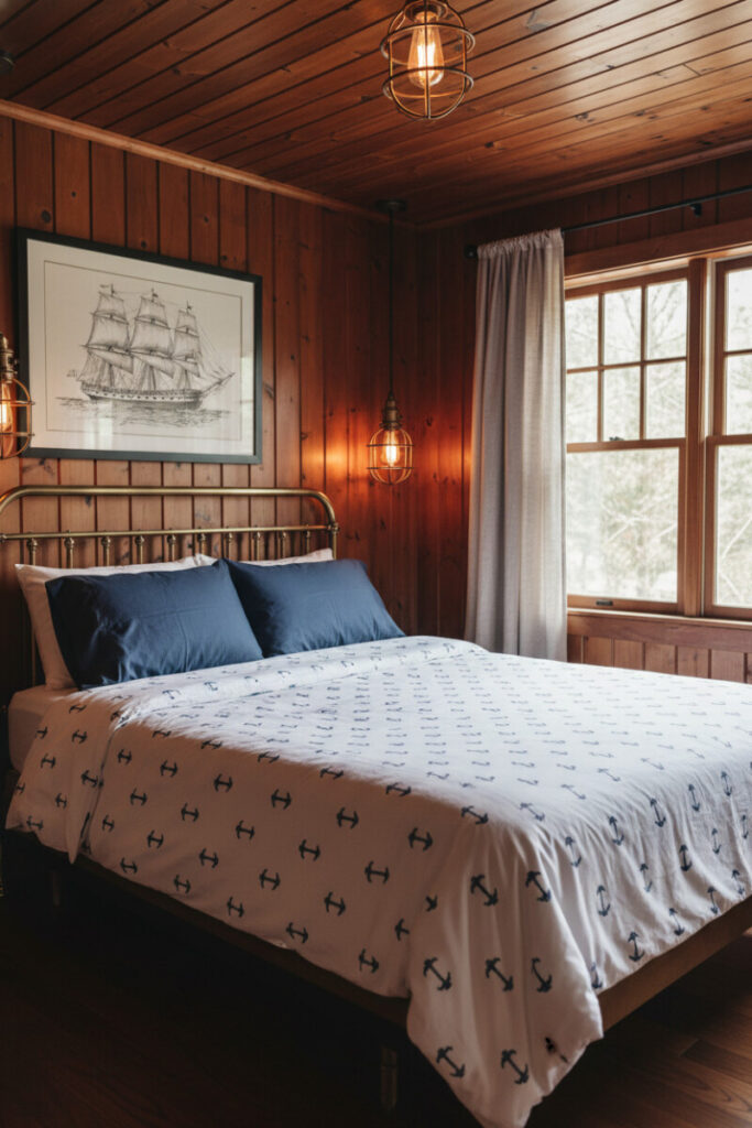 Warm wood bedroom with brass bed, white duvet patterned with navy anchors, and framed tall-ship drawing—heritage nautical interior design.