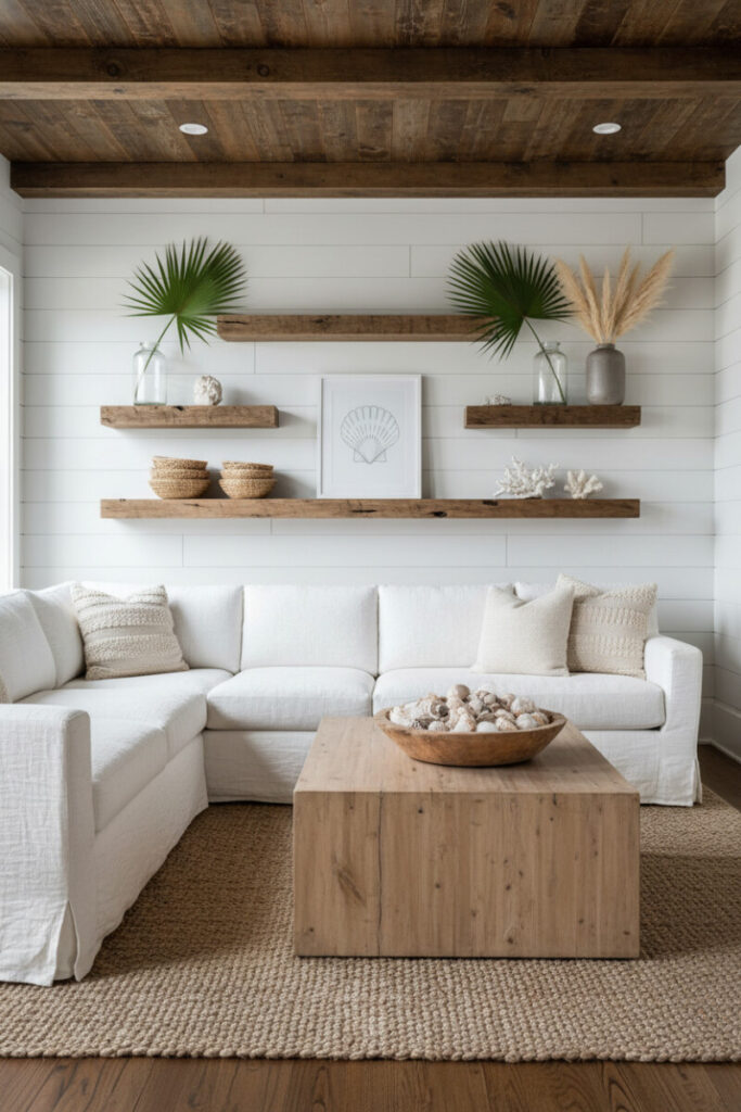 White shiplap accent wall with reclaimed-wood floating shelves styled with palms, coral, and woven bowls—versatile Beach Decor Ideas and coastal farmhouse living room ideas.