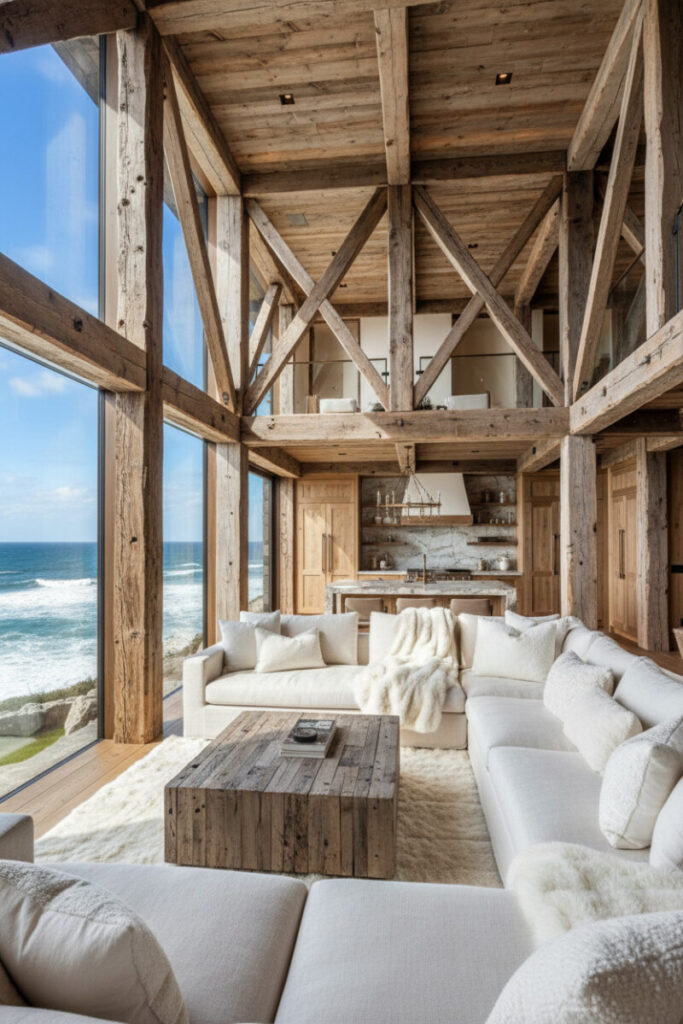 Open-plan room with massive weathered-wood beams, creamy linen sectional, and ocean view—grounded coastal farmhouse living room ideas.