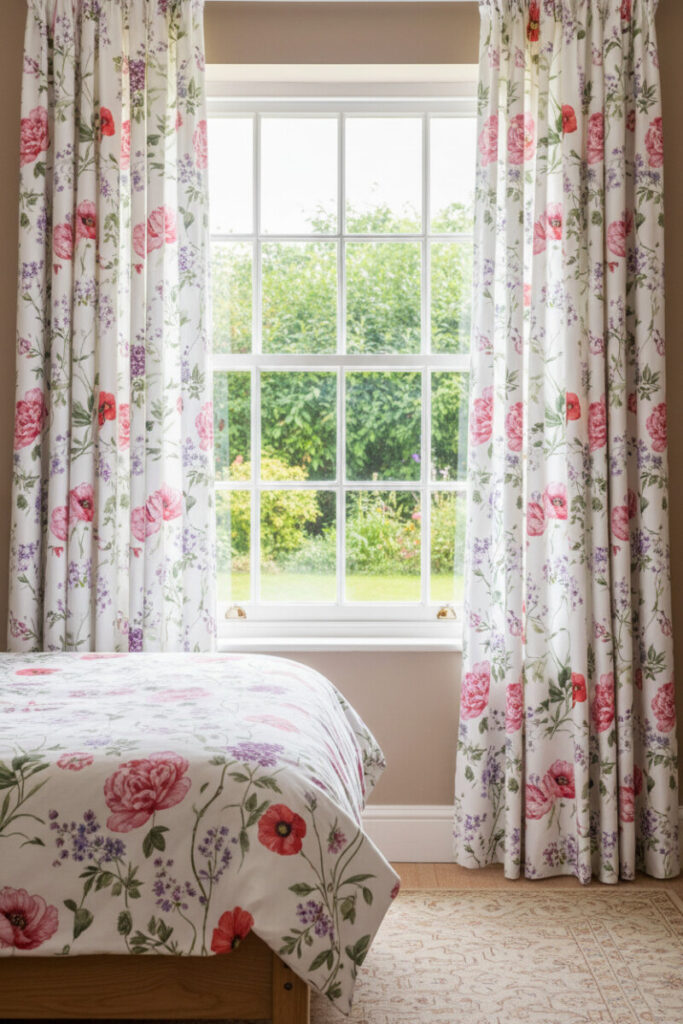 Serene English cottage bedroom with floral cotton drapes and matching duvet around a sash window, taupe walls, and oriental rug — Bedroom Curtain Ideas in a romantic garden-fresh style.