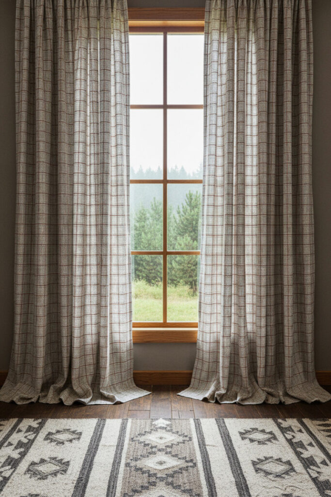 Rustic bedroom with cream-and-taupe tight plaid curtains, wood-framed grid window, and Berber rug—curtain styles for bedroom spaces with subtle pattern.