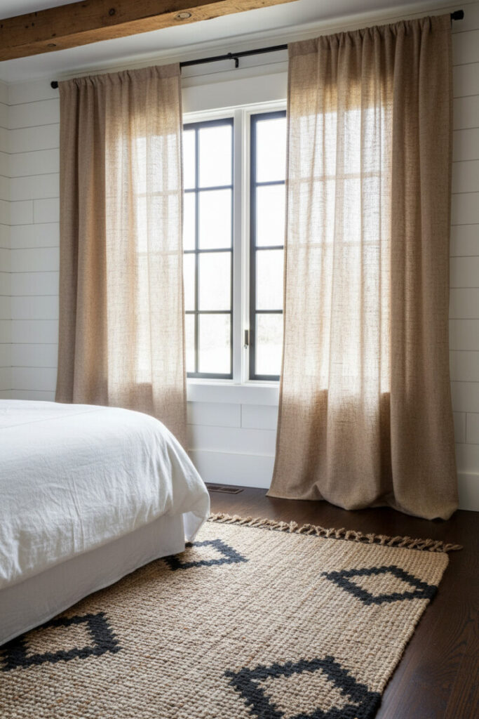 Rustic-chic room with natural tan burlap curtains diffusing strong sunlight, white shiplap, reclaimed beam, and braided jute rug—Bedroom Curtain Ideas focused on texture.