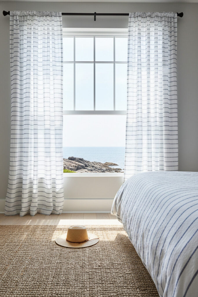 Coastal scene with sheer white linen ticking-stripe curtains on wrought-iron rod, jute rug, and ocean view—how to choose bedroom curtains for nautical style.