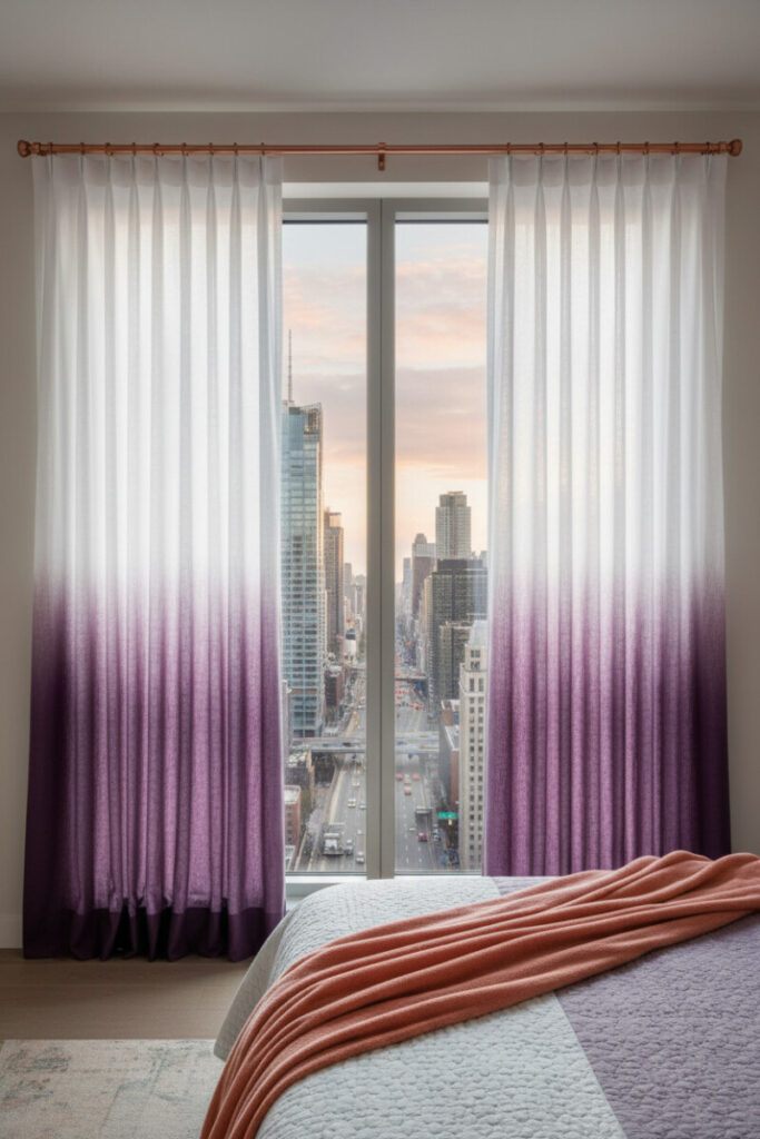 High-rise bedroom with ombré linen pleated curtains fading to amethyst, copper rod, and lavender-white bedding—elegant window treatments with vertical color flow.