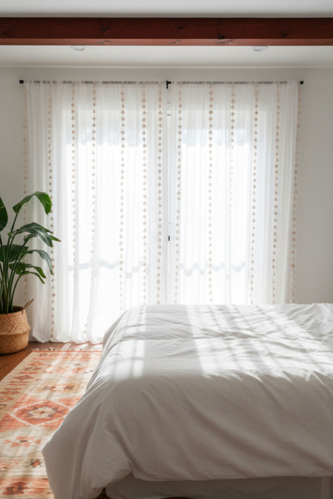 Bright boho room with sheer white voile curtains dotted with pale-beige pompoms, terracotta kilim rug, and exposed beams—curtain styles for bedroom fun.