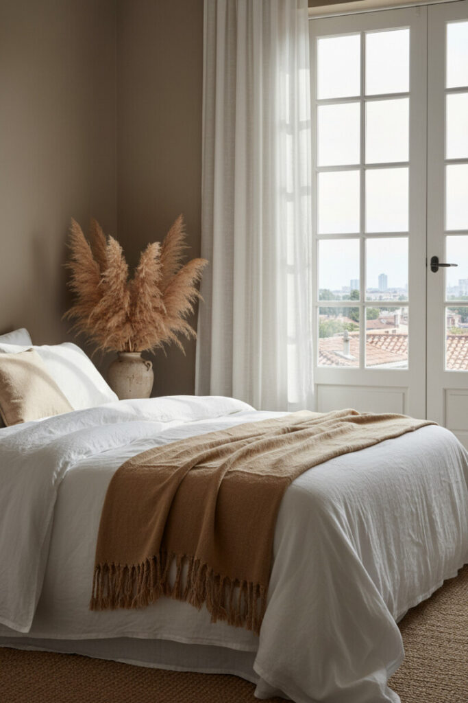 Minimal bohemian bedroom showing a single floor-to-ceiling sheer panel softening French doors, crinkled white bedding, taupe walls, and pampas grass—best curtains for cozy bedroom simplicity.