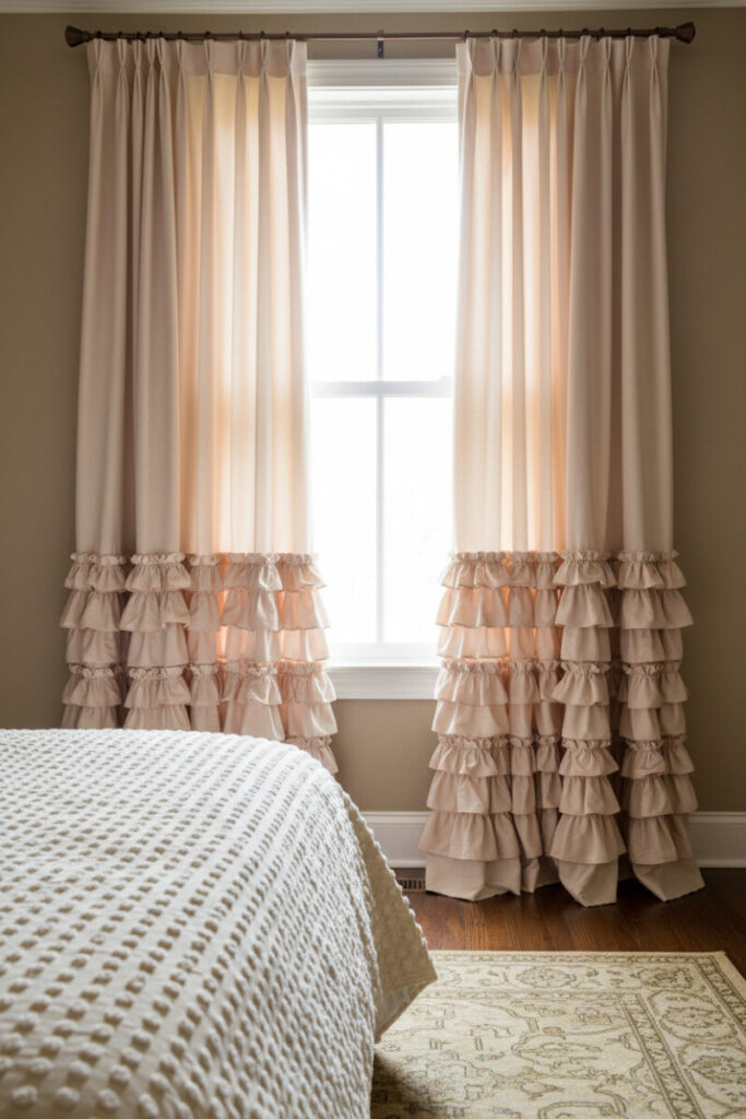 Shabby-chic space with blush-ivory curtains finished in tiered ruffles pooling on dark wood, chenille bedspread, and vintage rug; Bedroom Curtain Ideas for romantic texture.