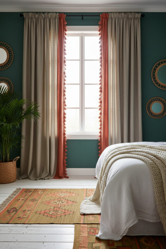 Bohemian bedroom with deep teal walls, taupe linen curtains trimmed with coral tassels, kilim rug, and rattan accents; elegant window treatments with rich texture.