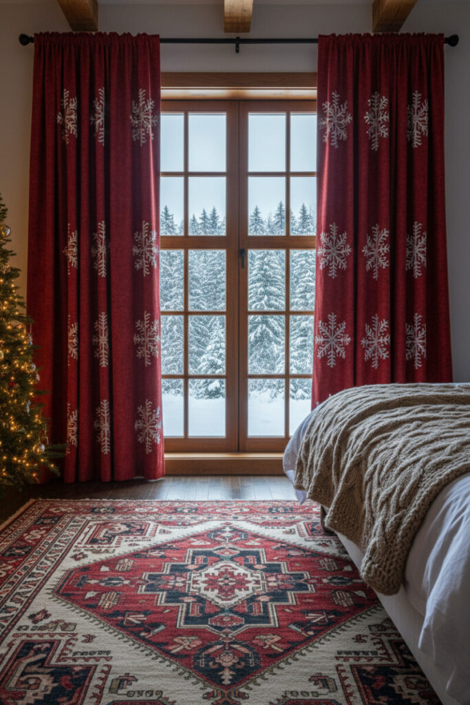 Festive winter bedroom with rich crimson blackout curtains embroidered with white snowflakes, Persian rug, and glowing Christmas tree—curtain styles for bedroom warmth in cold seasons.