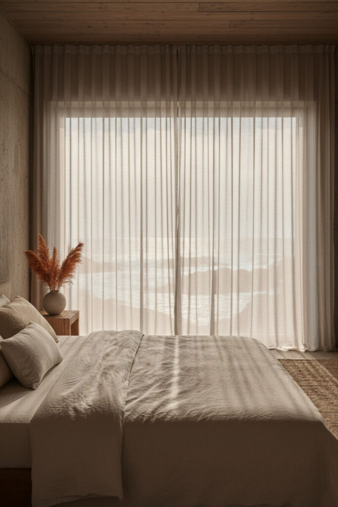 Wabi-sabi coastal retreat with sheer light-beige linen rippling to the floor, raw concrete walls, rustic ceiling, and ocean beyond—elegant window treatments creating soft rays of light.