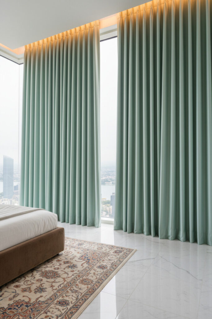 Opulent high-rise bedroom with pale seafoam and aqua silk pleated drapes, warm cove lighting, marble floors, and modern bed—how to choose bedroom curtains when luxury is the goal.