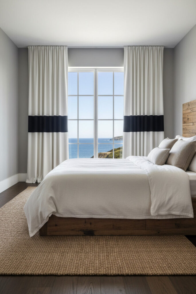 Minimalist coastal room featuring off-white pleated curtains with a bold central charcoal stripe, reclaimed wood headboard, and jute rug—curtain styles for bedroom spaces with soft contrast.