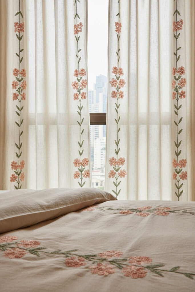 Handcrafted look with oatmeal sheers embroidered in moss-green stems and dusty-peach blossoms, matching duvet, and bright backlight—elegant window treatments with stitched detail.