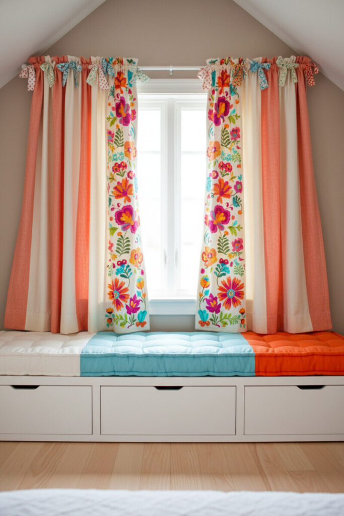Cheerful window seat with striped ivory and pale-coral curtains edged in colorful folk-art embroidery, tie-top headers, and a built-in bench cushion—Bedroom Curtain Ideas for kids’ spaces.