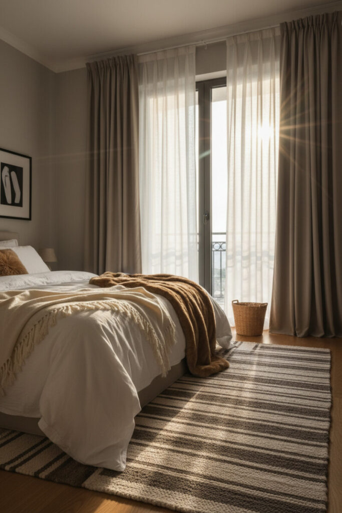 Layered “Dynamic Duo” setup with inner ivory sheers and outer taupe blackout drapes, golden-hour beams across a chunky rug, and creamy bedding—best curtains for cozy bedroom flexibility.