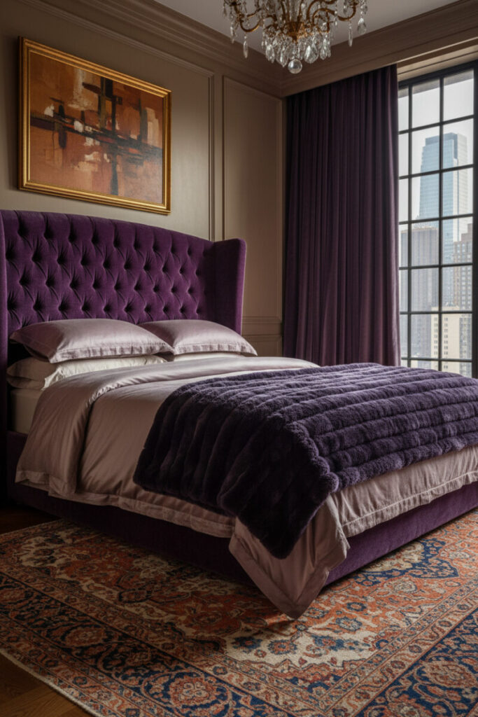 Dramatic room with deep-plum velvet drapes beside a tufted violet headboard, dusty-mauve velvet duvet, gilded chandelier, and ornate Persian rug—elegant window treatments in velvet luxe.