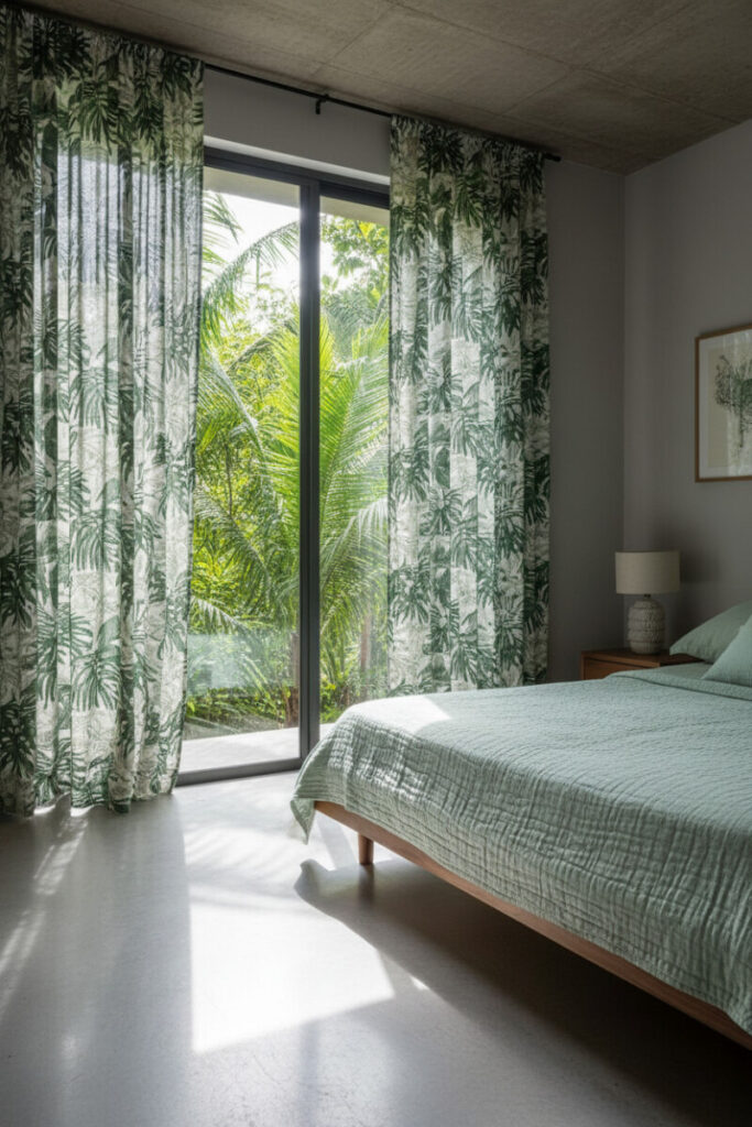 Minimal tropical-modern room with semi-sheer palm-print linen curtains at a floor-to-ceiling slider, mint bedding, and concrete surfaces—curtain styles for bedroom spaces that blend indoors with jungle views.