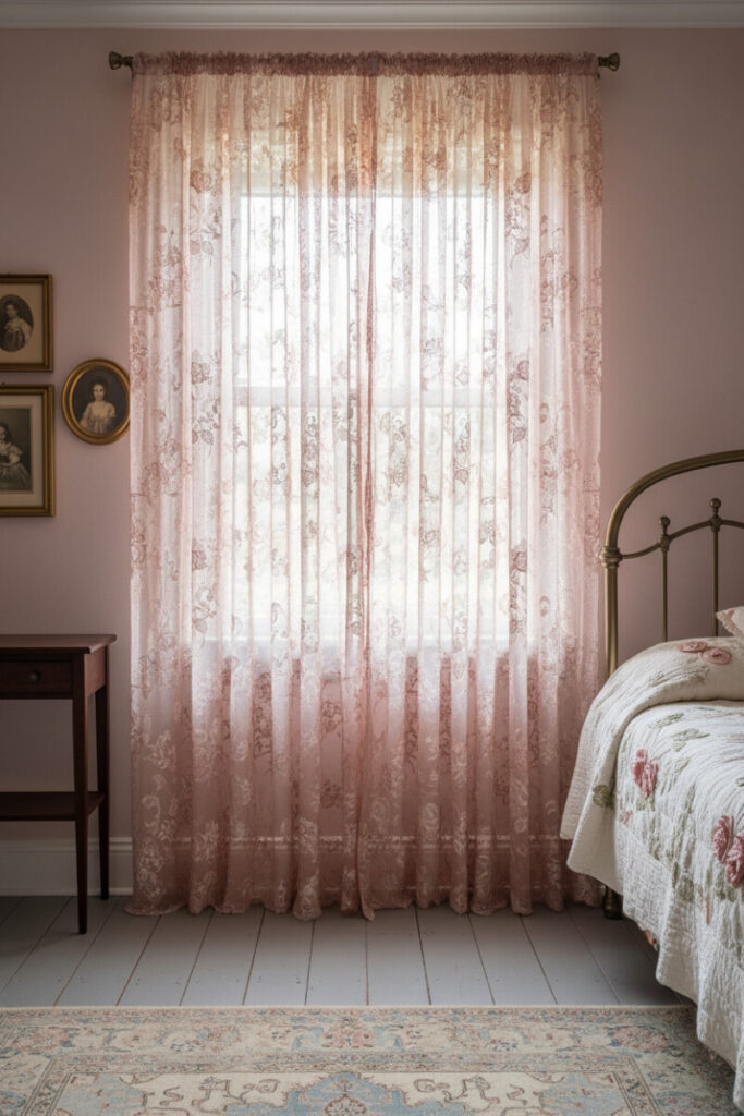 Vintage pink bedroom featuring sheer blush lace curtains glowing in daylight, wrought-iron bed, and antique rug; an example of elegant window treatments with classic softness.