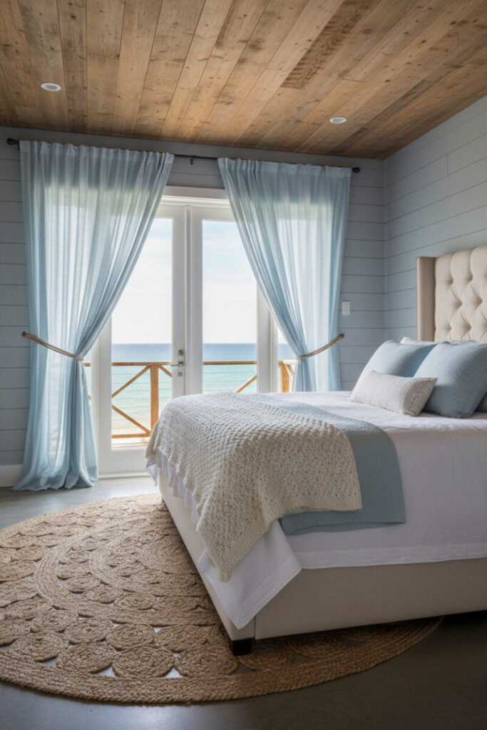 Coastal bedroom with baby-blue billowy sheers framing French doors, shiplap walls, and tufted headboard—Bedroom Curtain Ideas for seaside calm.
