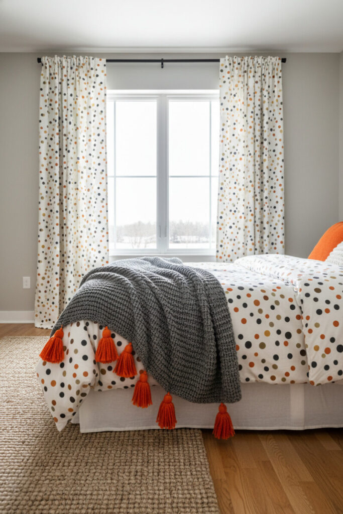 Contemporary room with creamy curtains and duvet in black, orange, and mustard polka dots, black rod, and chunky knit throw; playful curtain styles for bedroom refresh.