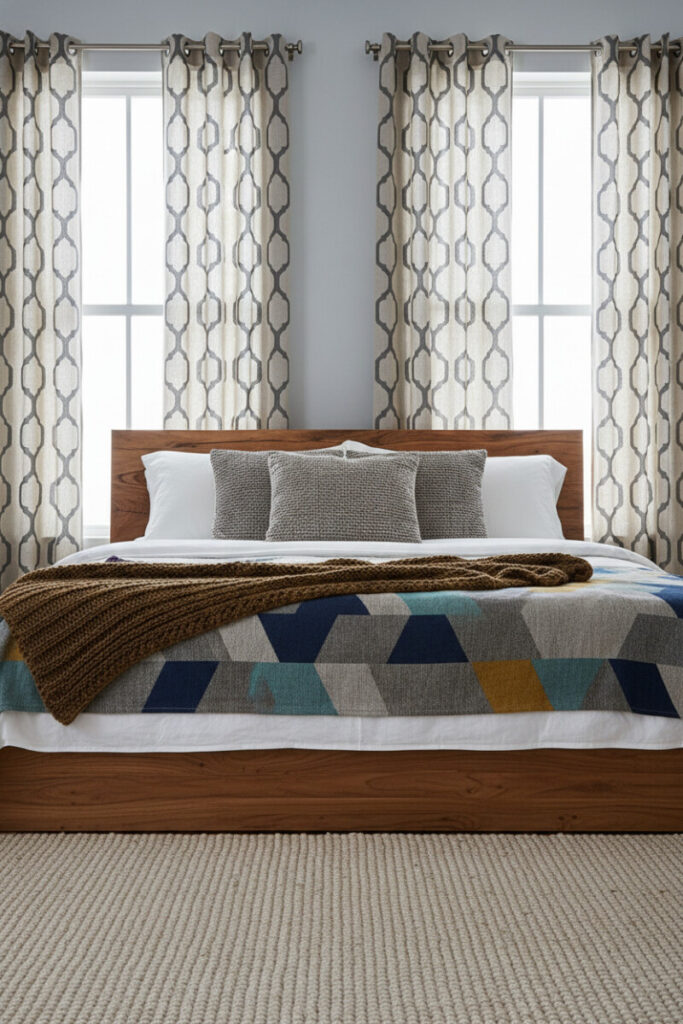 Modern edge bedroom showing beige linen drapes with charcoal ogee pattern on metal eyelets, live-edge bed, and layered textiles—how to choose bedroom curtains with graphic impact.