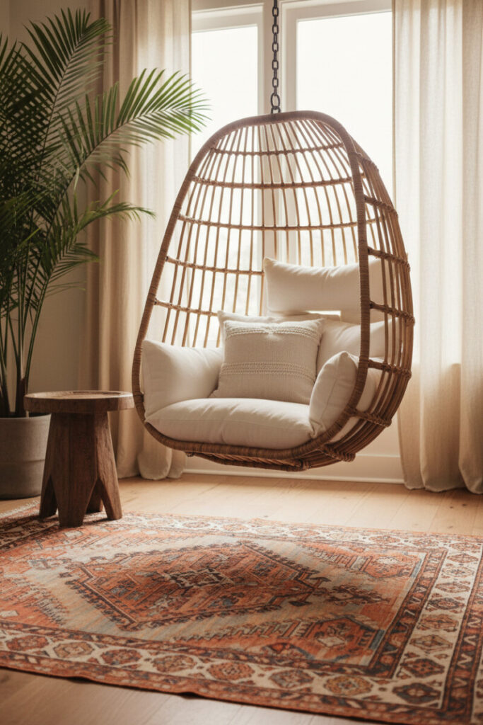 Cozy boho hanging chair corner with rattan swing, layered white cushions, Persian rug, and palm plant in soft daylight, a relaxed example of Bedroom Nook Ideas styled as a cozy reading nook.