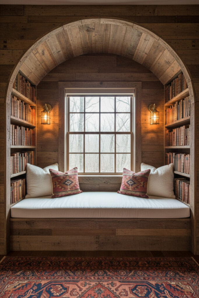 Compact arched wood alcove with white tufted cushion, fluffy pillows, vintage books, and lantern sconces, a snug library corner that’s perfect inspiration for small bedroom nook ideas and a cocoon-like cozy reading nook.